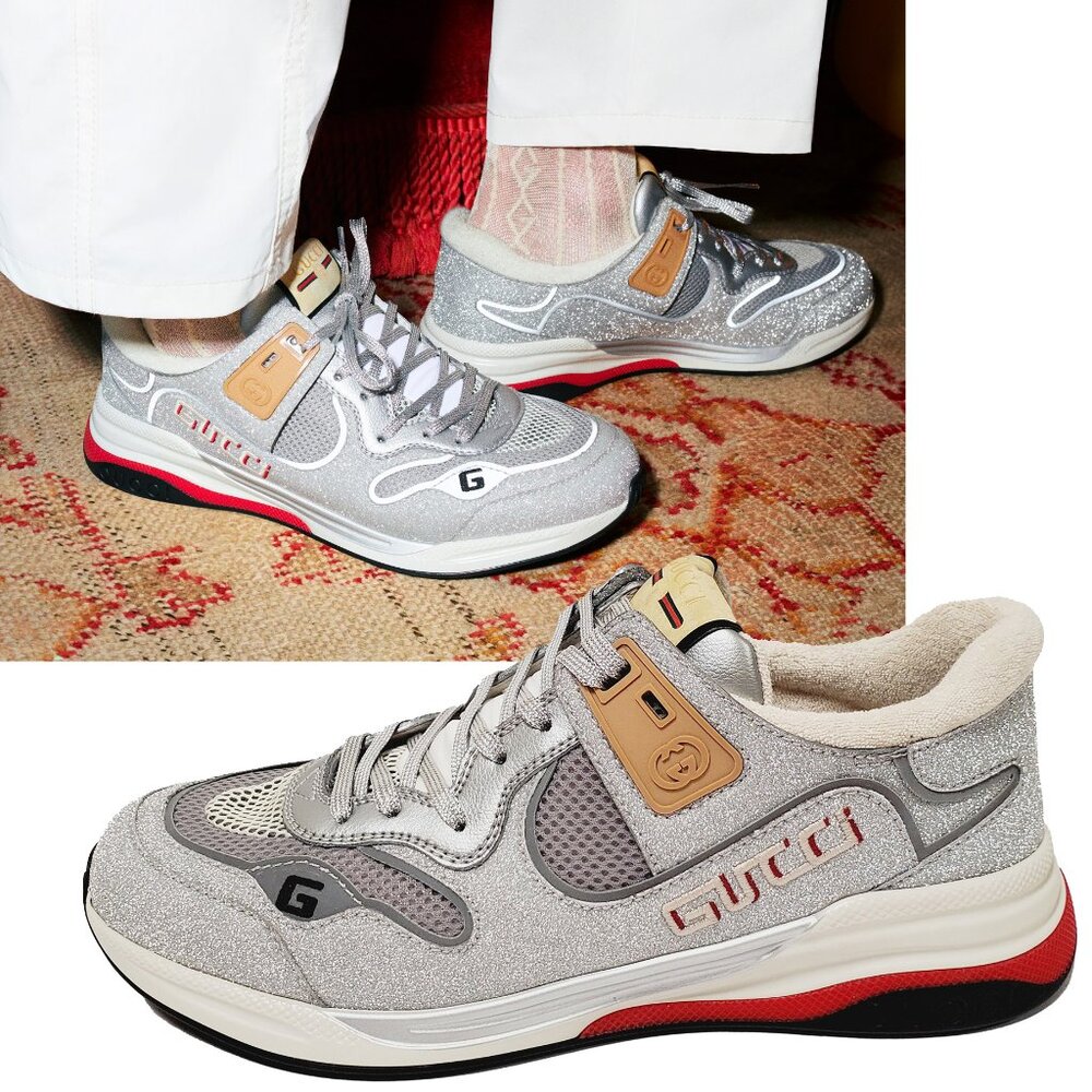 GUCCI SNEAKERS MENS ULTRAPACE SILVER LEATHER SHOES w LOGO